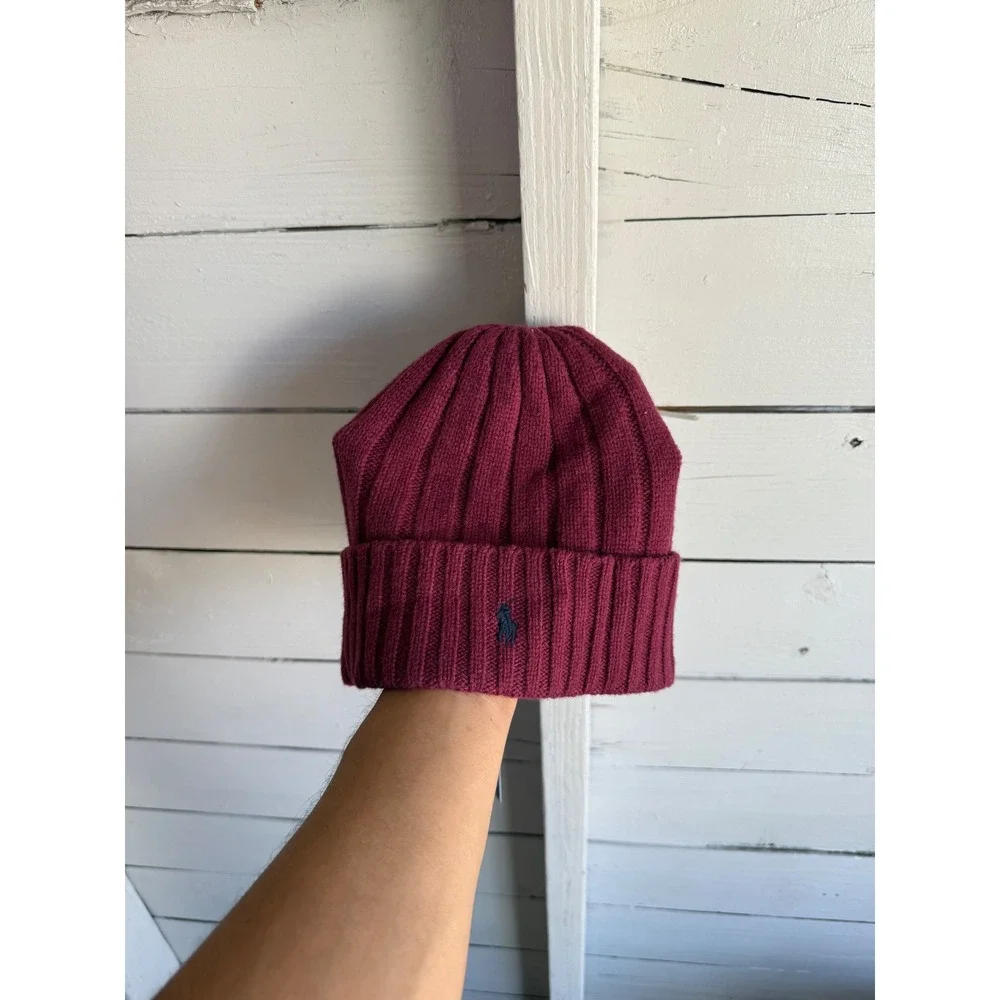 Polo Ralph Lauren Burgundy Ribbed Knit Beanie Wool Blend Hat NWT